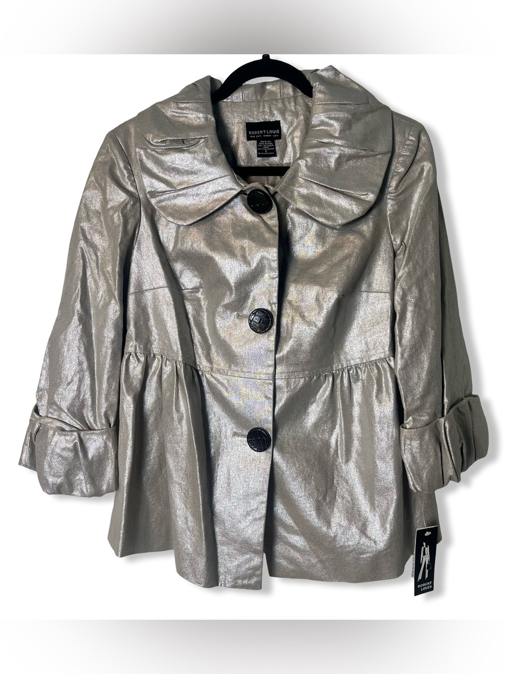 Robert Louis NWT Metallic Taupe Silver Swing Jacket Peplum Statement Sz S